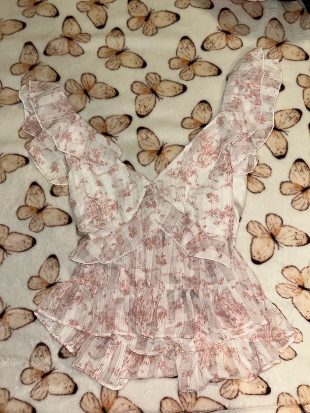 Sheer Ruffled Floral Blouse in Dusty Rose Coquette Pattern